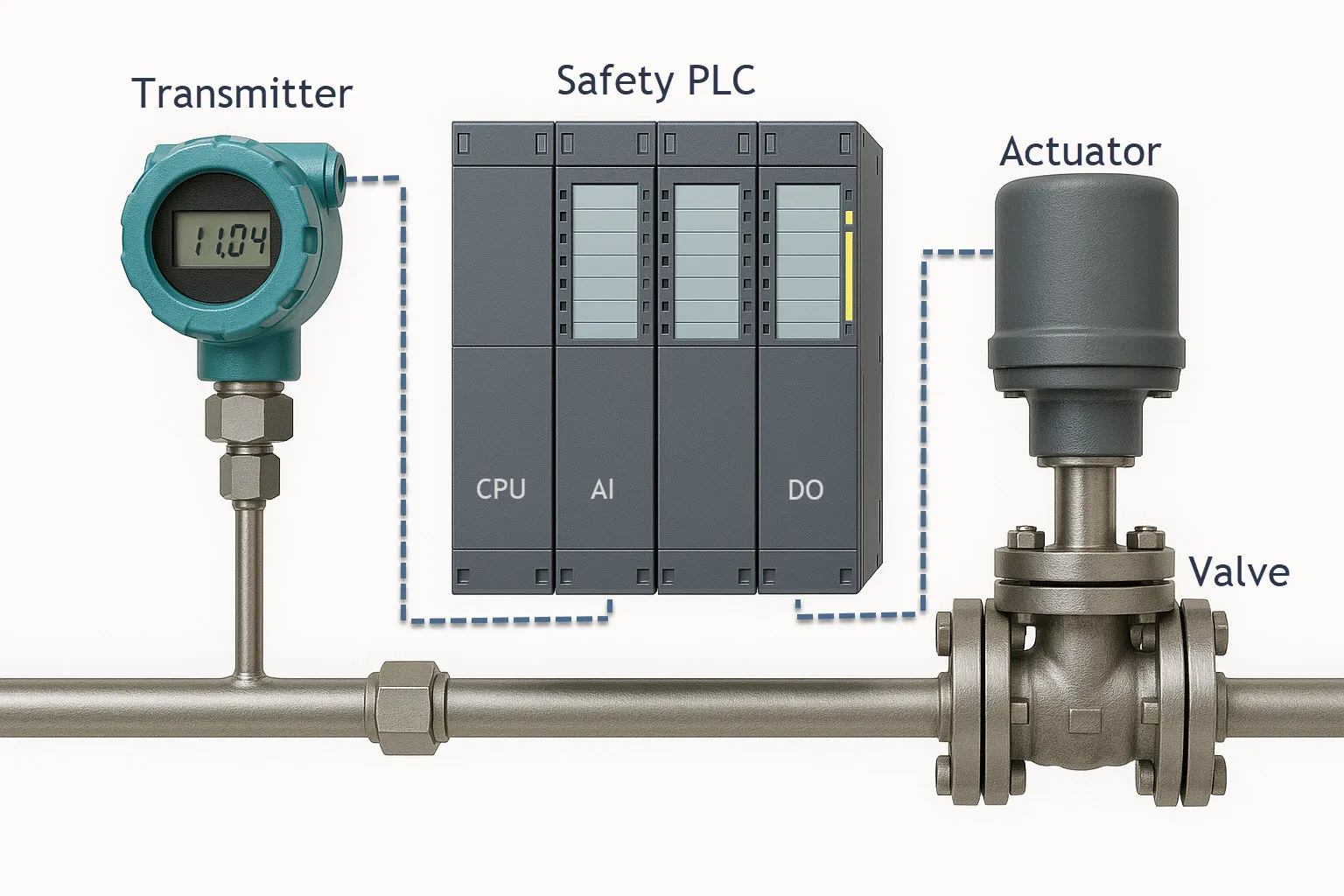 Industrial automation system featuring a transmitter, safety PLC, actuator, and valve for efficient process control.
